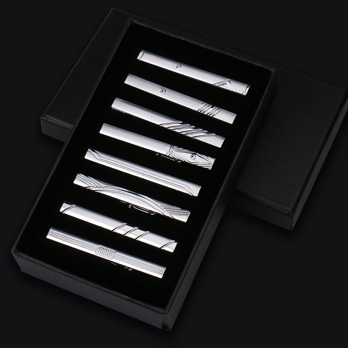8 stücke Krawatte Clips Metall Diamant Mit Box Für Männer Hochzeit Herren Krawatte Clips Set Chrom Edelstahl Schmuck Gentleman krawatten Pin – Detail 13