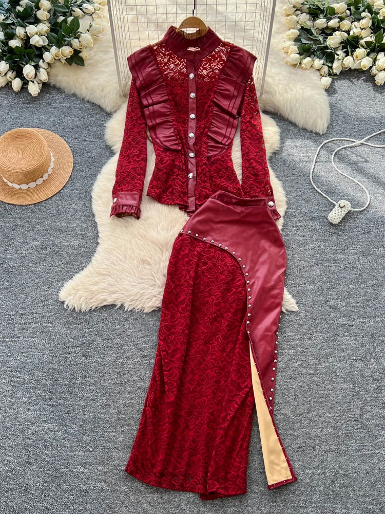 

Комплект с кружевной отделкой и высокой талией, длинный све, облегающий топ и длинная юбка, модный комплект из дерева для взрослых, ain Splicing