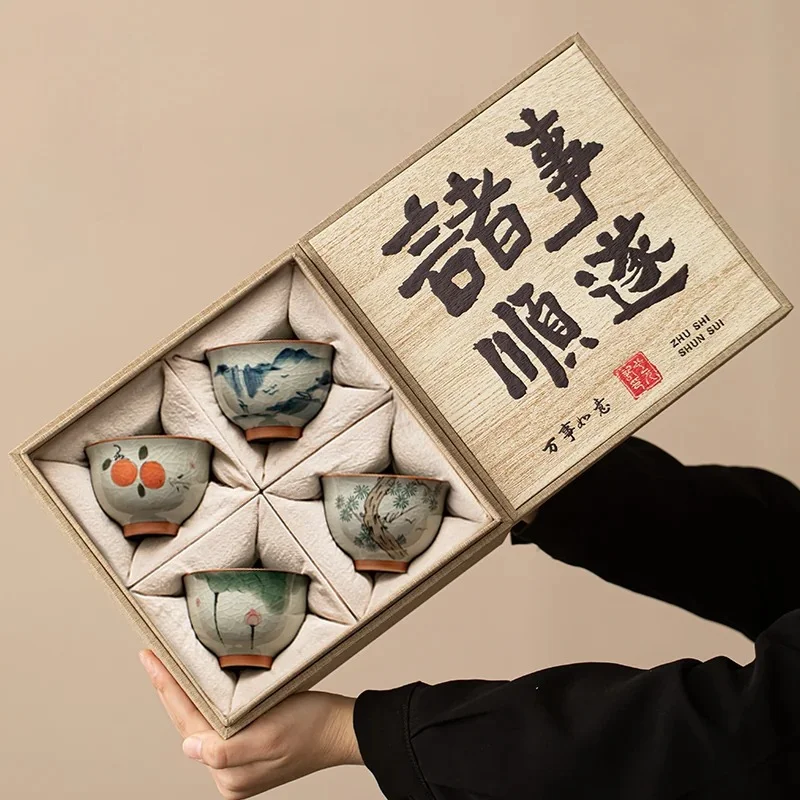 Ge Kiln Teacup Tea Set Gift Box, Practical Souvenir Gift for Elders, Ideal for Birthday, Mid‑Autumn Festival & Teachers' Day