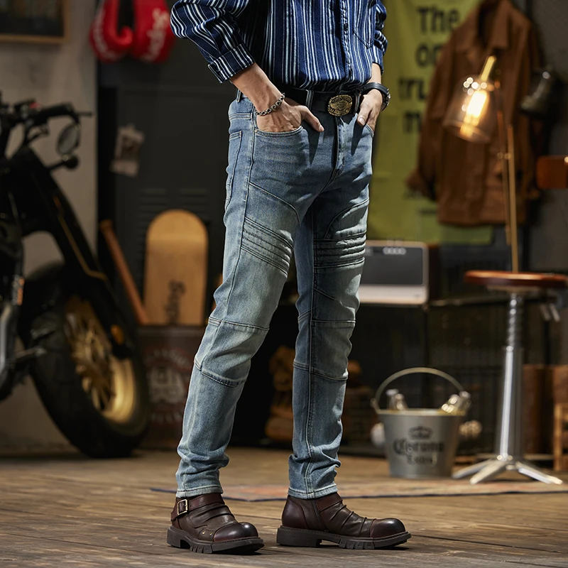 Retro Blue Jeans Men's Motorcycle Style Tight Handsome Stretch Casual Versatile Washed Stitching Skinny Trousers