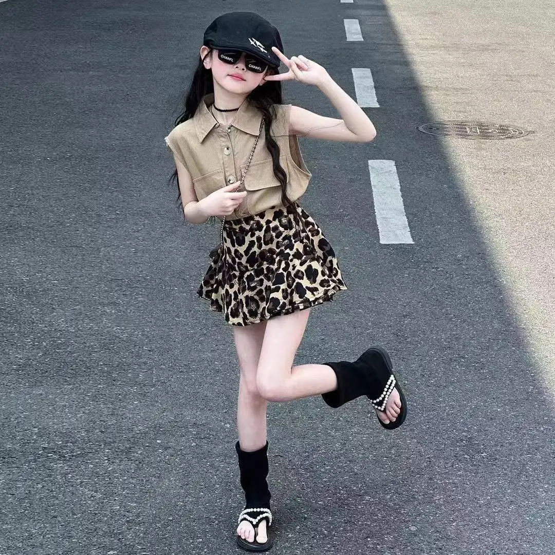 2 PCS Girl's Trendy Outfit Ribbed T-shirt and Leopard Pattern Skirts Set Kid's Clothes for Summer Kids Boutique Clothes