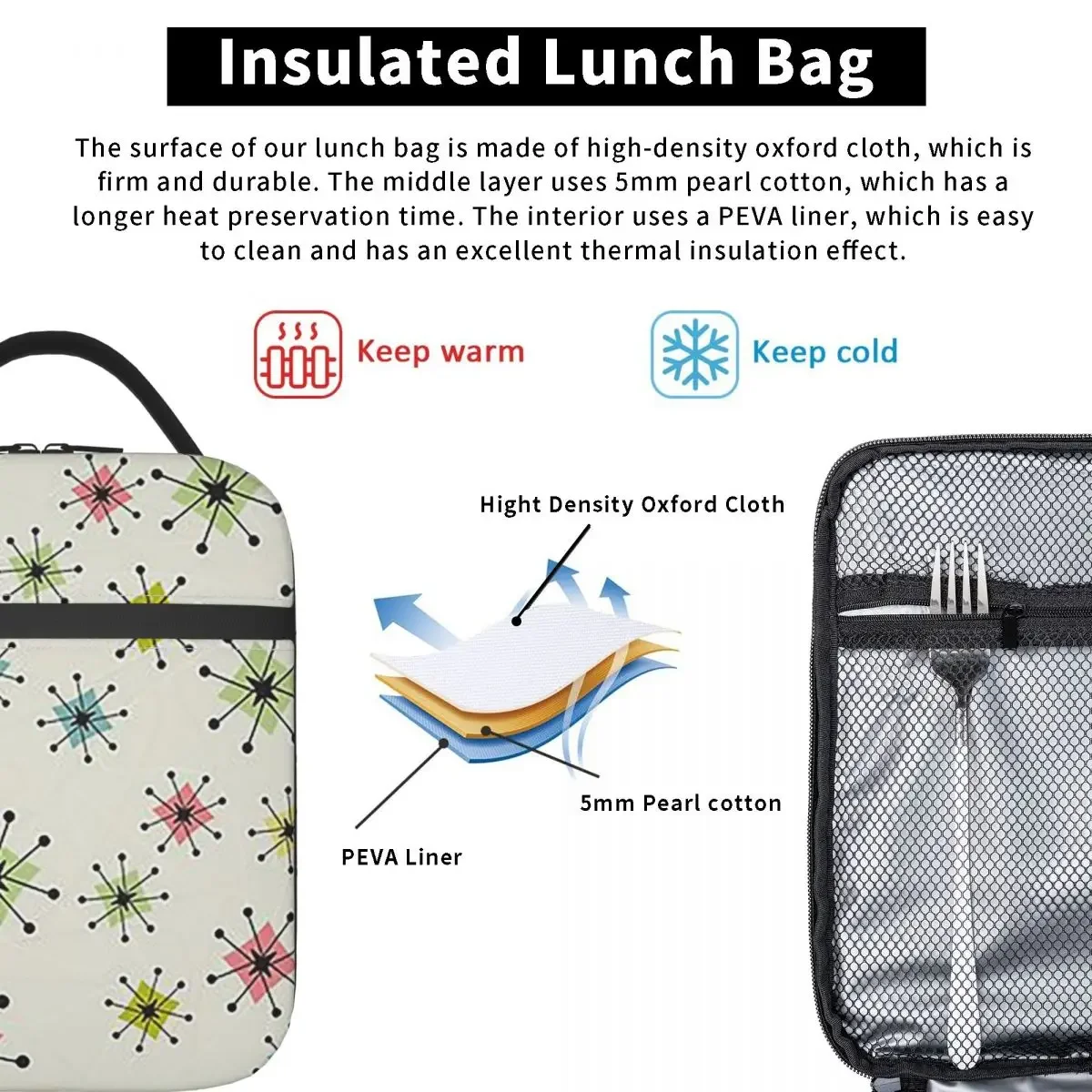 Atomic Era Graphic Insulated Lunch Bag for Women Kids Portable Food Boxes Thermal Lunch Box Tote