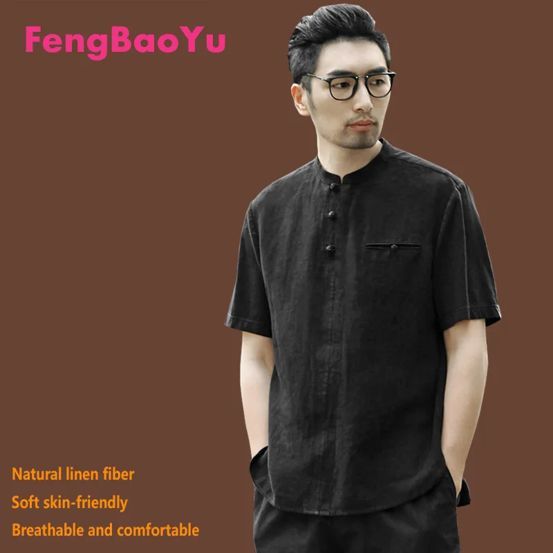 

Linen Spring Summer Men's Short-sleeved Shirt Black Stand Collar Chinese Style Button T-shirt Retro Loose Casual Elegant Refresh