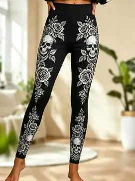 Women Mid‑Rise Fleece Lined Leggings, Gothic Skull White Rose Symmetric Print Slim Stretch Pants