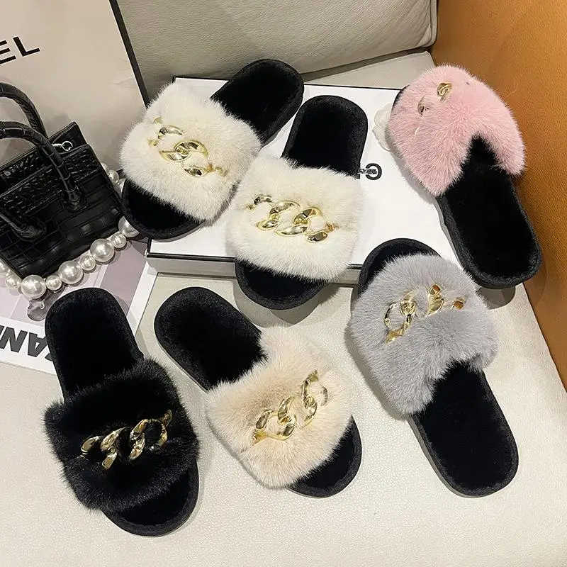 Fluffy Slippers Home Winter Casual Chain Designer Shoes Women Indoor Platform Plush Slides Girls 2024 Fashion Elegant Large Size