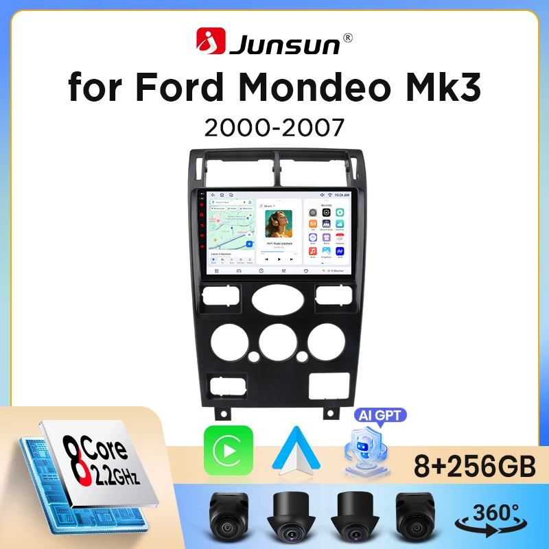 Junsun Wireless CarPlay Android Auto Autoradio für Ford Mondeo Mk3 (CD132) 2000-2007 mit integriertem Lüfter, Android GPS-Navigation, Multimedia-Player, WiFi, DSP, RDS, BT, SWC, IPS-Touchscreen,