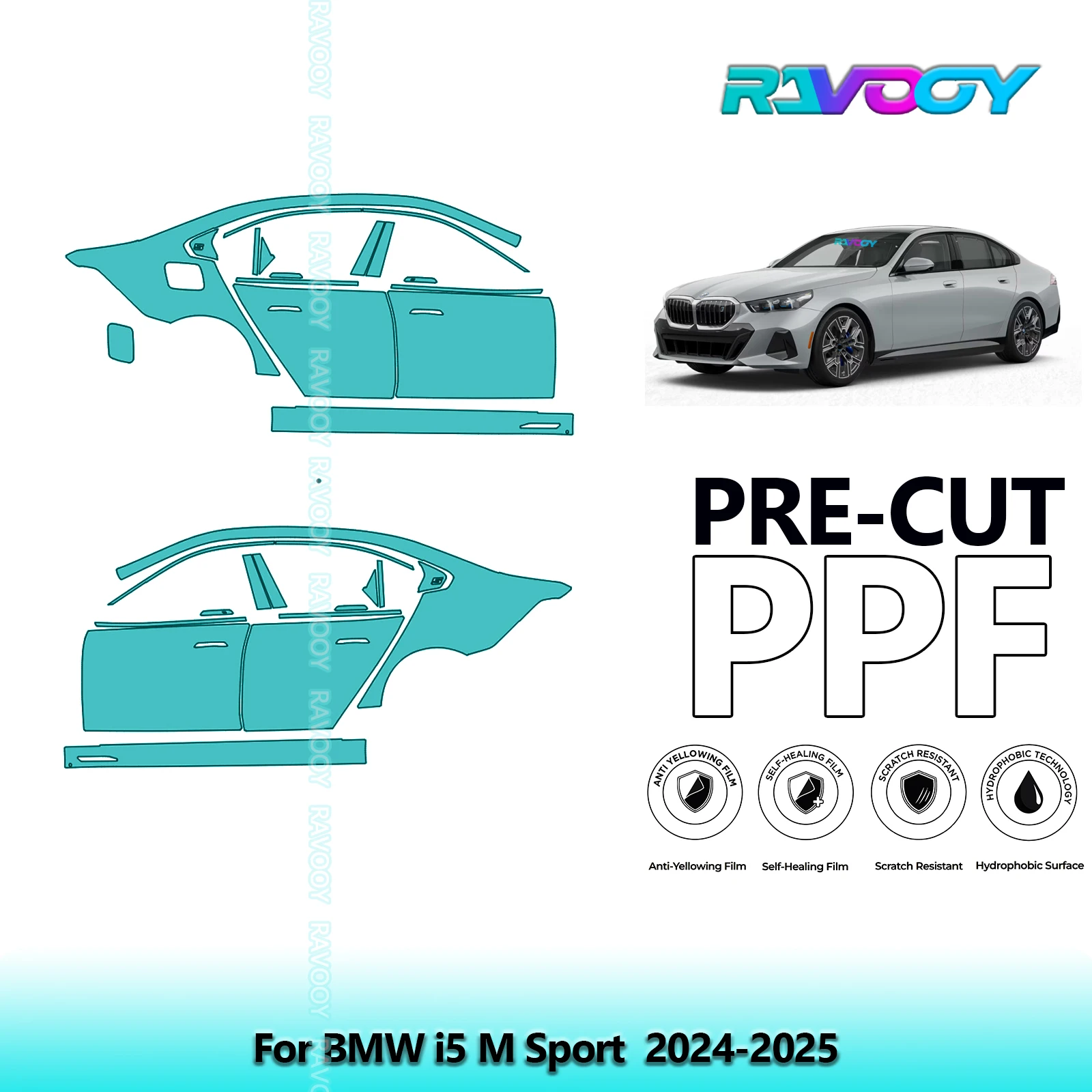 

For BMW i5 M Sport 2024-2025 8.5mil Clear Matte Pre-Cut PPF Door & A/B Pillar Kit TPU Paint Protection Film Set