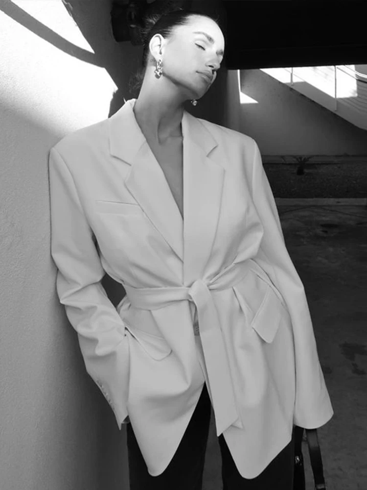 Urban Blazers Coat Women Casual Elegant Lapel Belt Long Sleeve Pockets Turn-down Collar Tops 2025 Autumn New Lady Chic Outwears