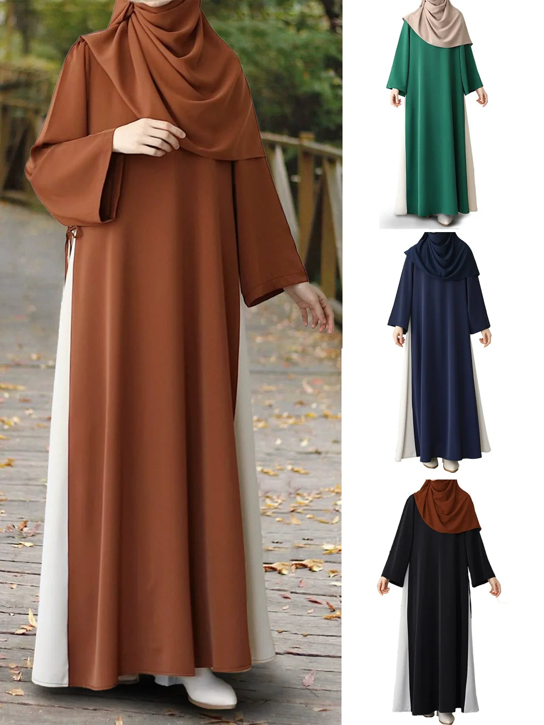 Ramadan Muslim Middle Eastern Traditional Ethnic Clothing Color blocked Side Drawstring Loose Casual Round Neck Long Dress Abaya