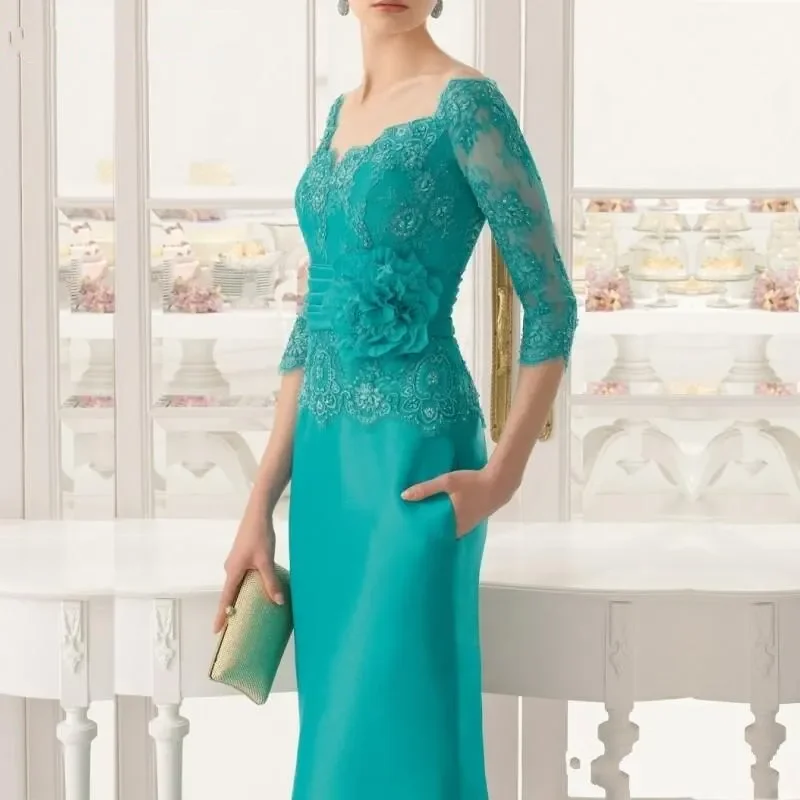 Gorgeous Teal Lace Mother of the Bride Dresses Off Shoulder Three Quarter Sleeves Wedding Guest Gowns V Neck Full Length Flowers