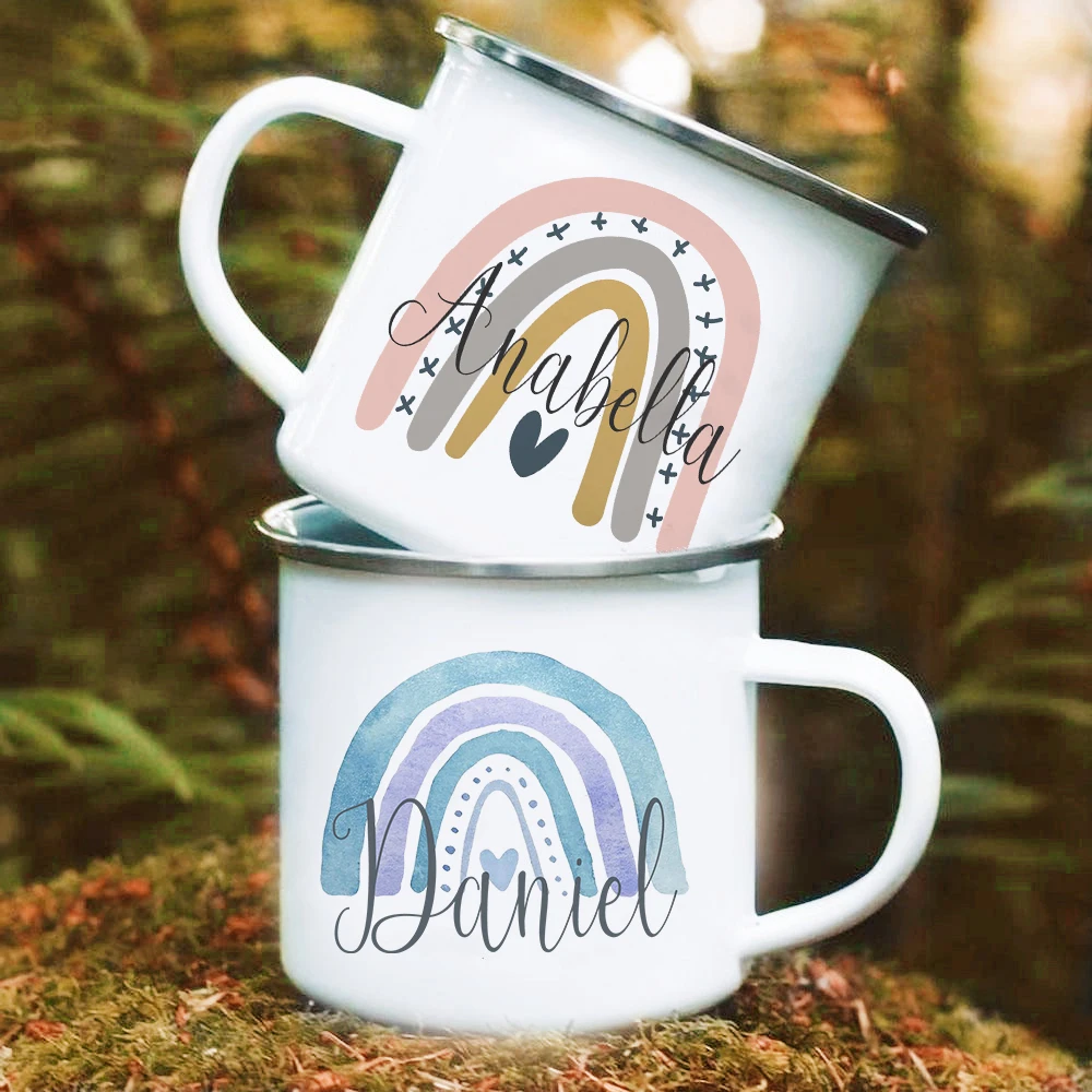 Personalized Mug rainbow with Name Camper Mugs Camping Enamel cup Campfire Party Beer Handle Cups best birthday Gifts for Camper