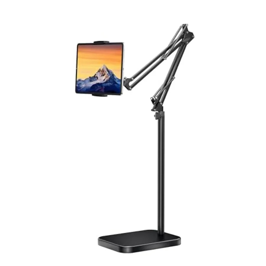 

Tablet Floor Stand for home office use, steel and aluminum construction, black finish, 11lb stable base with adjustable height,