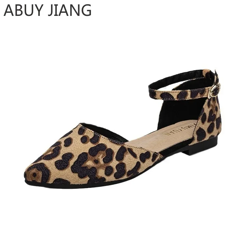 2024 New Sexy Leopard Single Shoes Women Pointed Shallow Mouth Buckle Hollow Shoes 41-43 Large Size