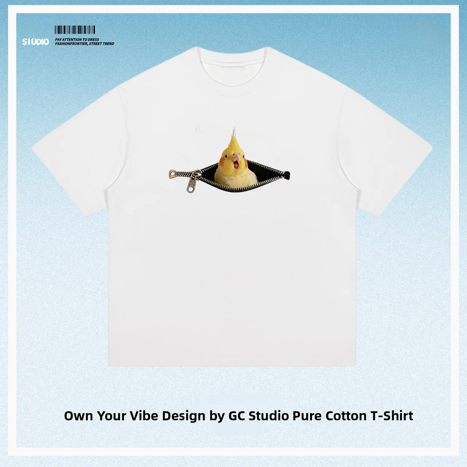 Pure Cotton Short Sleeve T-Shirt with Zipped Design Fun Bird Illustration Pet Parrot Yawn Theme Breathable Commute Fashion