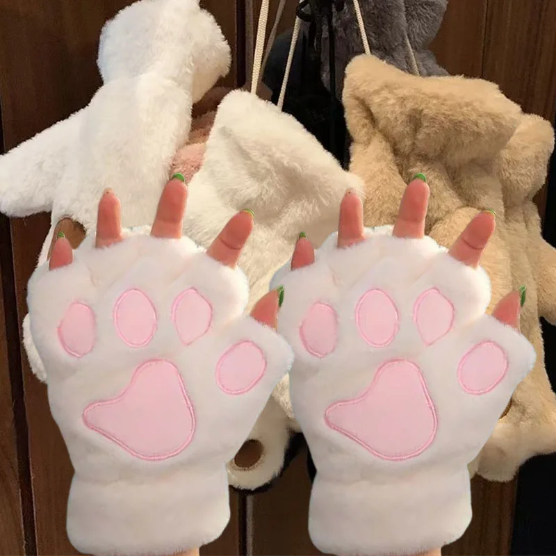 

Cat Paw Fluffy Claw Fingerless Gloves Soft Plush Cute Warm Fingerless Panda Glove Half Finger Women Winter Wear Christmas Gifts