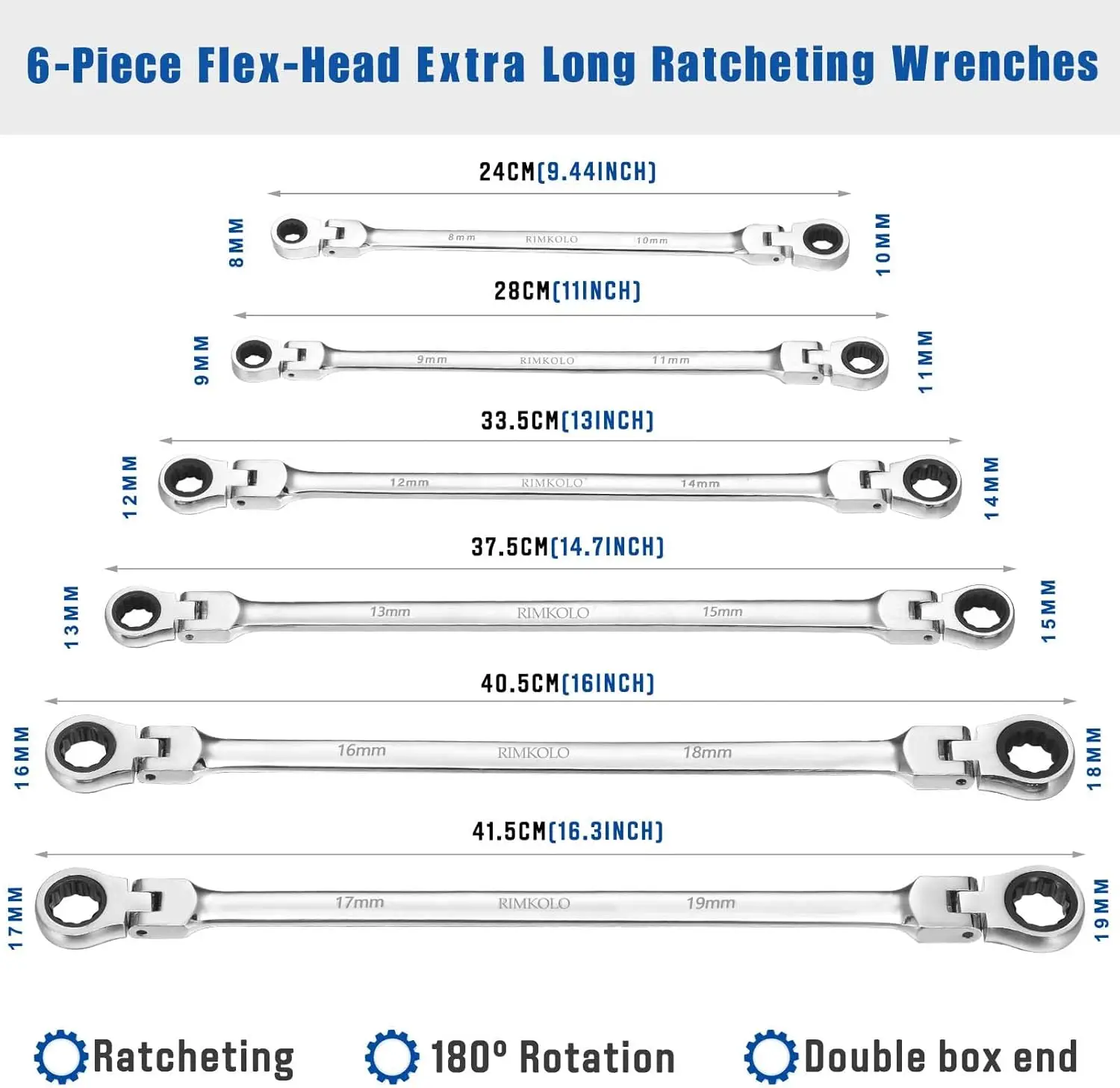 6-Piece Extra Long Flex-Head Ratcheting Wrench Set, 72-Tooth Double Box End Wrench Set, CR-V Steel ratcheting wrenches