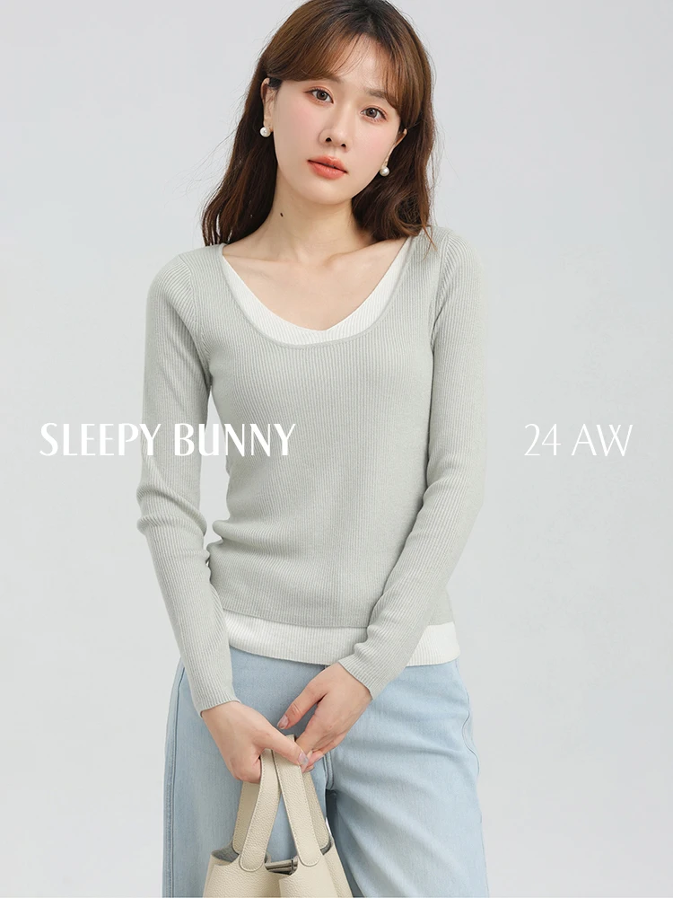 

Elegant Casual Knitwear Fake Two Piece Wool Pullover Slim Long Sleeve Lightweight Layering Tee Autumn Youthful Chic Top Women