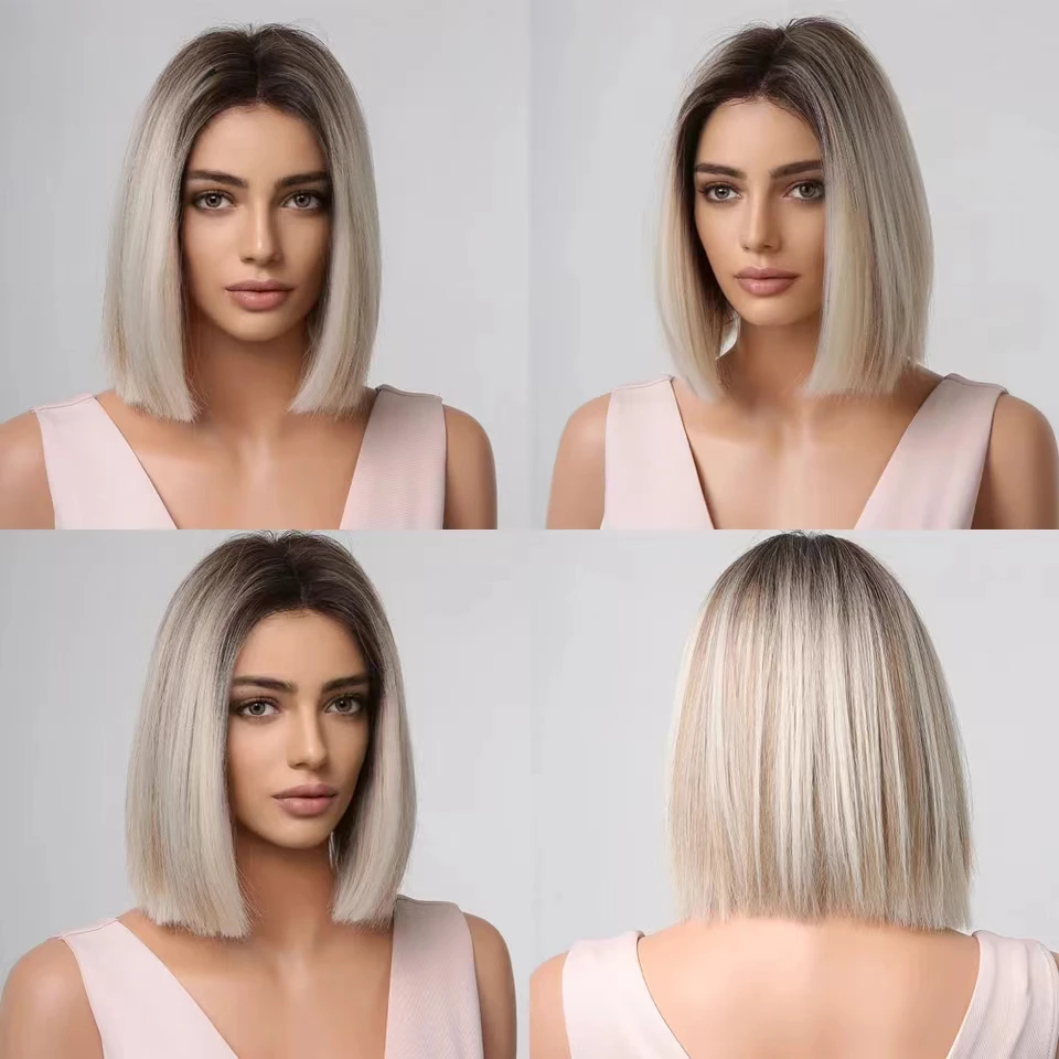 Perruque Synthétique Courte et Lisse de Style Bob, Frange Centrale, Dégradé Blond, Convient pour le 03 ou le Jeu de Plis