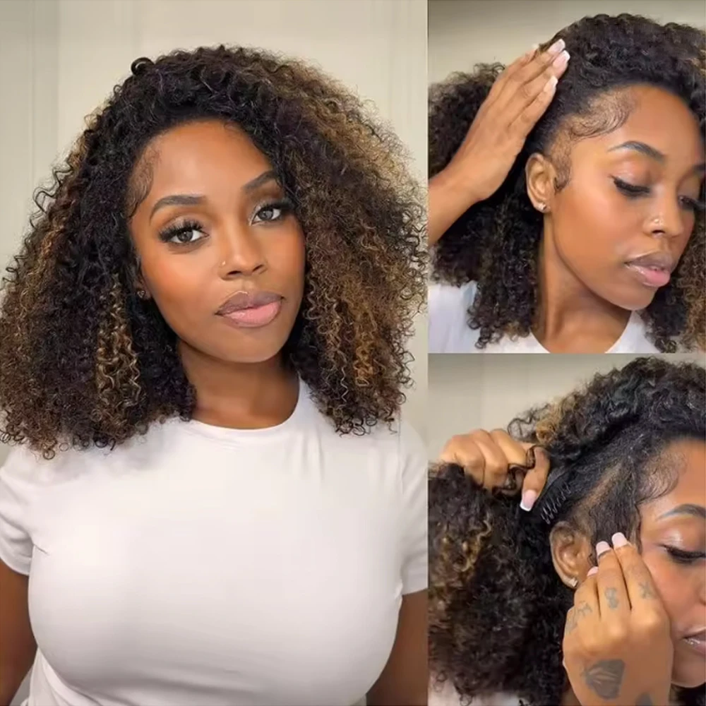 Highlight Brown Ombre Kinky Curly Half Wig Human Hair 1B/27 Color 3 in 1 Half Wigs Go Elastic Drawstring 200 Density for Women