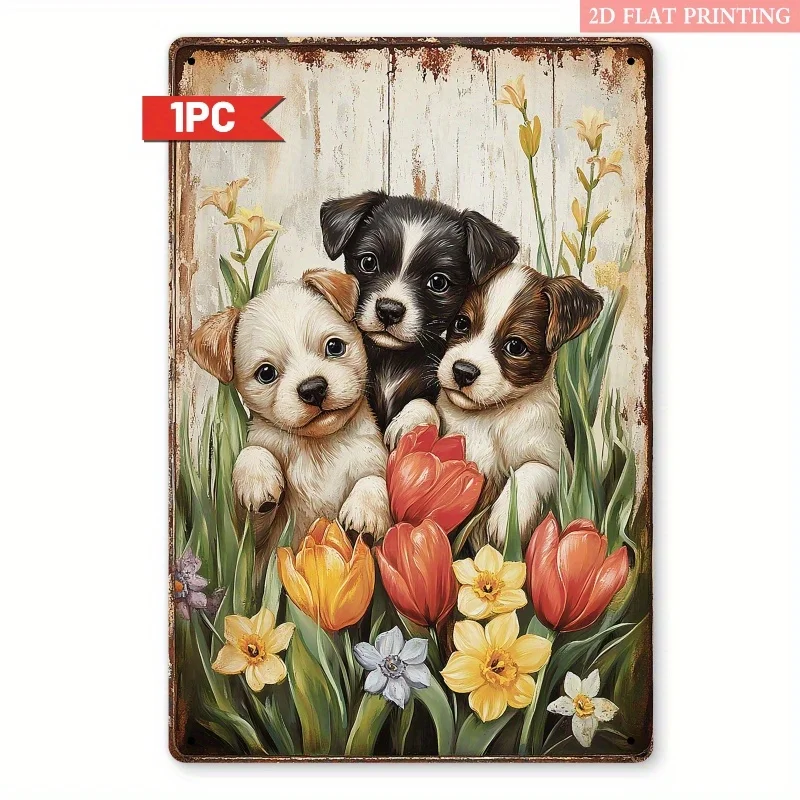 2D Flat - A 2D Flat Retro Metal Sign Featuring an Adorable Puppy Among Spring Flowers, Measuring 7.87X11.81 inch. This Iron Wall