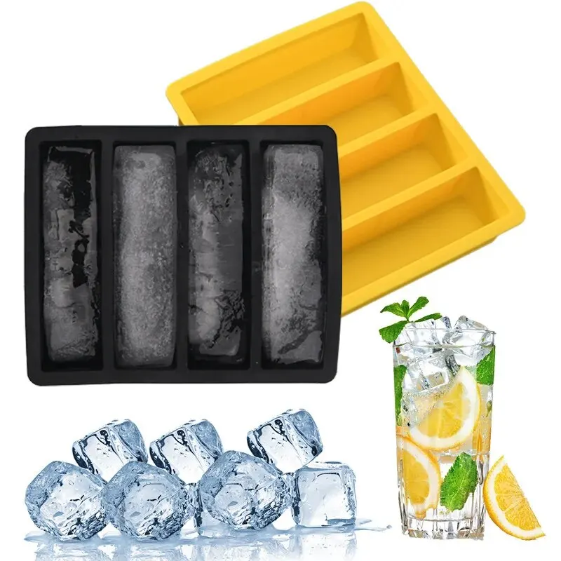 Long Strip Silicone 4 Grid Giant Silicone Ice Cubes Square Tray Mold Non-toxic Durable Wine Ice Cube Manufacturers