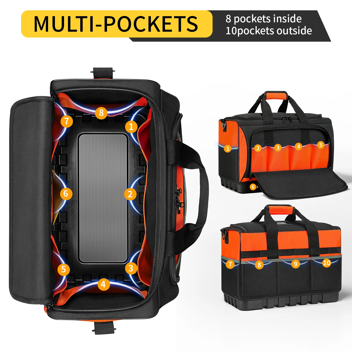 حقيبة أدوات بقاعدة مصبوبة، حقيبة تنظيم أدوات مفتوحة مع 18 جيبًا، حزام كتف قابل للتعديل، حقائب أدوات شديدة التحمل للرجال
