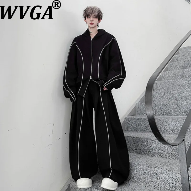 

WVGA Spring Autumn New Men Tide High Street Hooded Color Block Cardigan Sweatshirts Niche Chic Casual Wide-Leg Pants Sets W16763