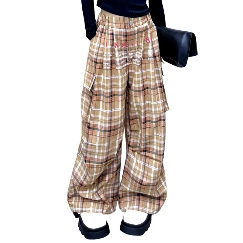 

School Girls Straight Plaid Cargo Pants Kids Fashion Streetwear High Street Wide Leg Pants Child Trousers Age 5 7 9 10 11 13 14Y