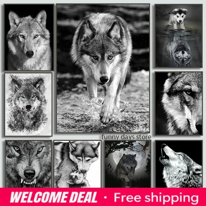 2026  Black and White Forest Wolf Head Wall Art Wildlife Wolf Poster Oil Painting Decoration Painting Nordic Style Office Hom