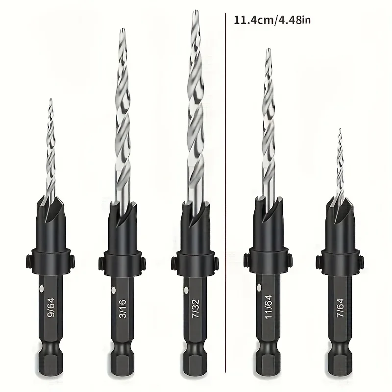 5pcs High-Speed Steel Countersink Drill Bit Set, Adjustable Tapered Hex Shank for Wood Milling - Single Item Packaging, Round Sh