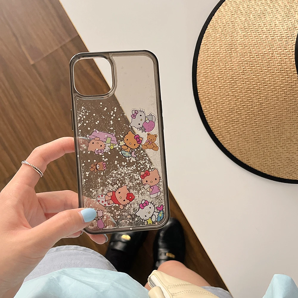 Cute Cartoon Fashion Black Hello Kitty Quicksand Glitter Etui na telefon do iPhone 15 14 13 12 11 Pro Max Przezroczysta tylna obudowa Prezent dla