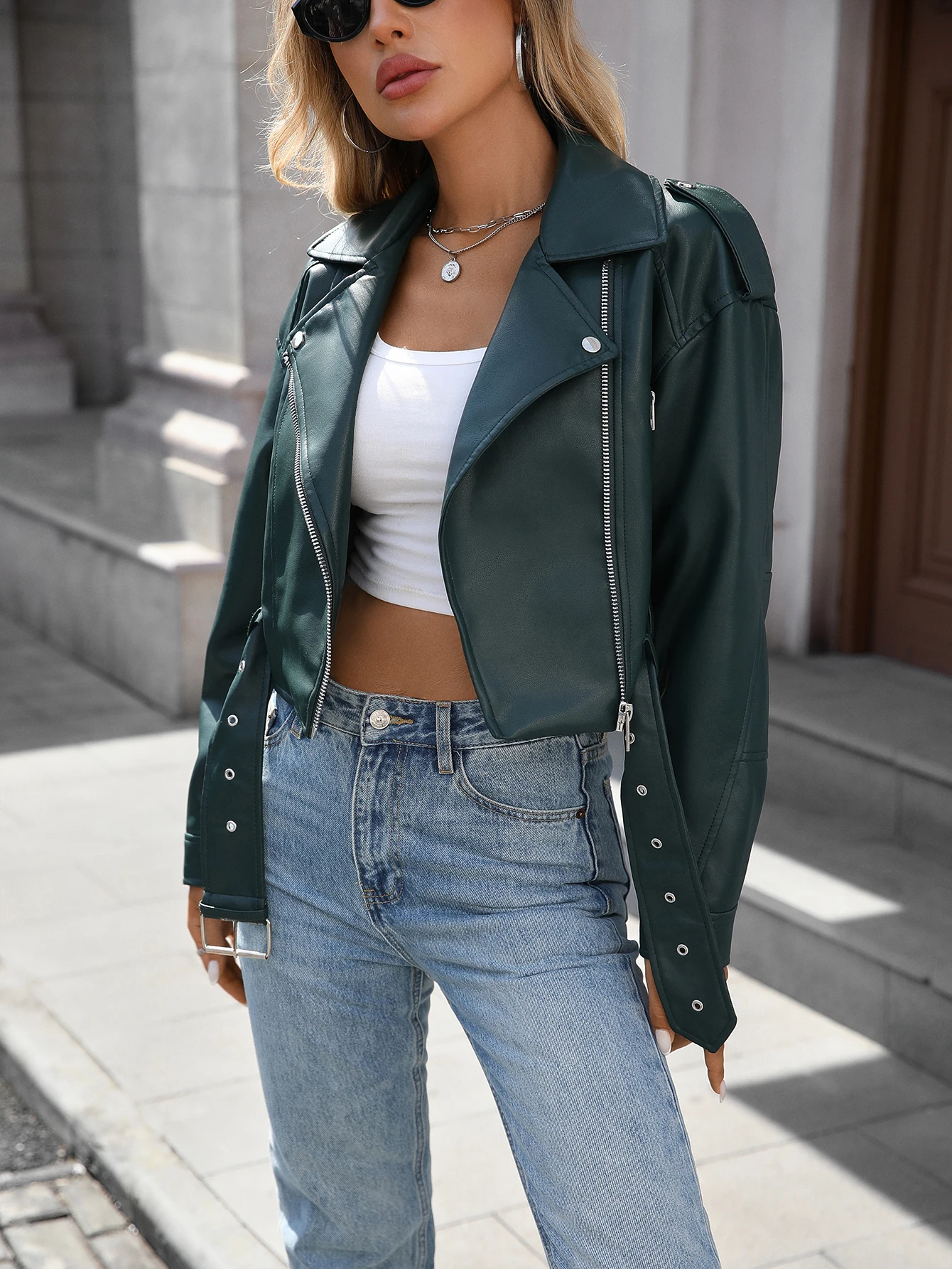 سترة Fitaylor النسائية المصنوعة من الجلد الصناعي مع طية صدر السترة للدراجات النارية من الجلد معطف كاجوال باللون الأخضر العميق