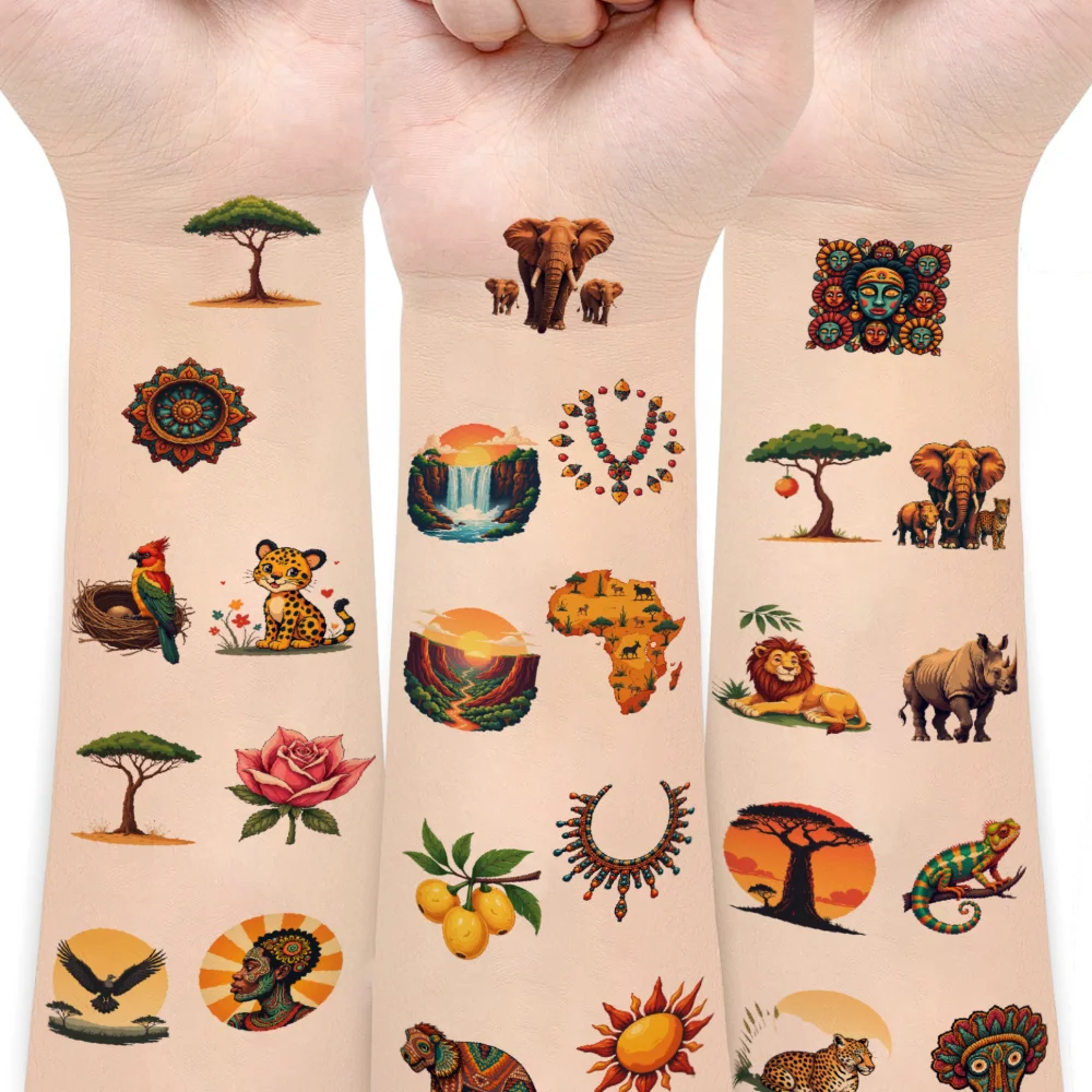 

63 шт. временные татуировки дикие животные мультфильм африканское искусство природные элементы водонепроницаемые долговечные наклейки для тела для детей