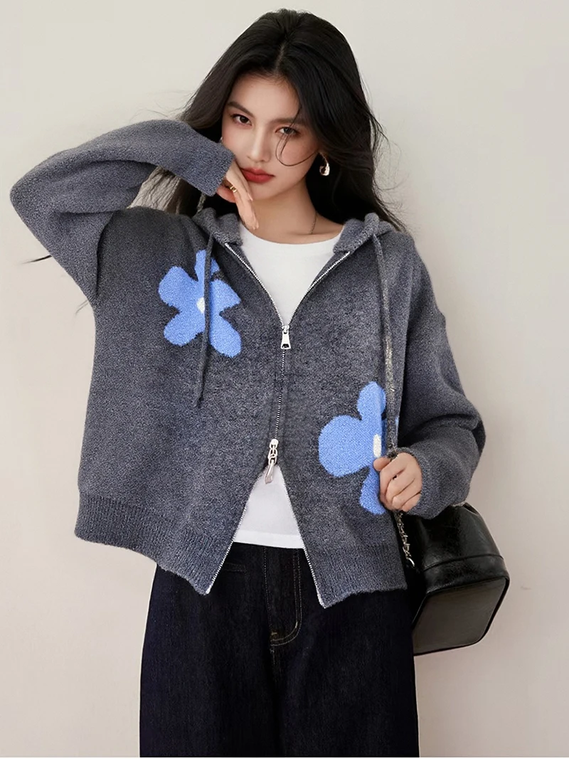 

European,Clothes,Fall,Winter,Sweater,Chic,Sexy,Hooded collar,Women,Long Sleeve,Knitted,Flower,Cardigan,Zipper,Tops,Coat,510051