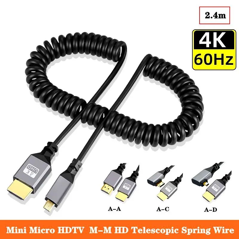 Mini/micro hdmi kompatibel männlich zu männlich 2,0 version 4k @ 60hz hd teleskop feder draht bogen mini mund slr kamera monitor 2,4 m