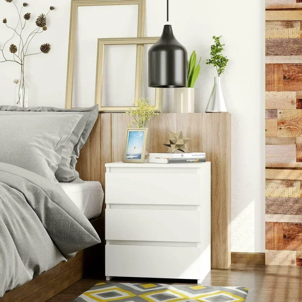 

White Modern Bedside Table Cabinet Nightstand with 3 Storage Drawers Bedroom Furniture