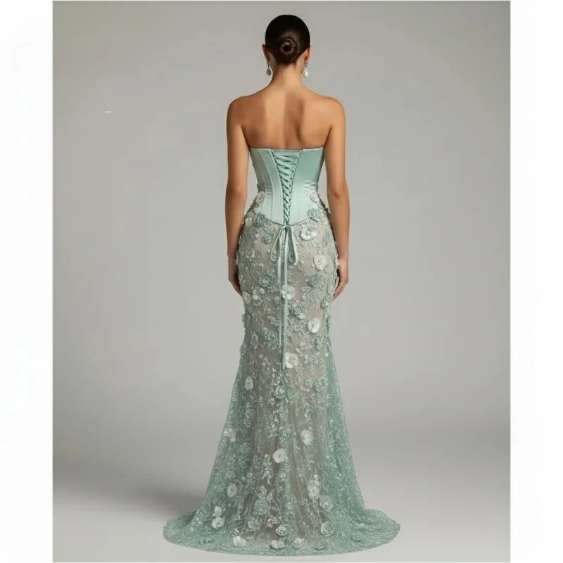 Groene zeemeermin avondjurk 3D bloemenkant strapless baljurk 2025, feestjurk vestidos de fiesta op maat