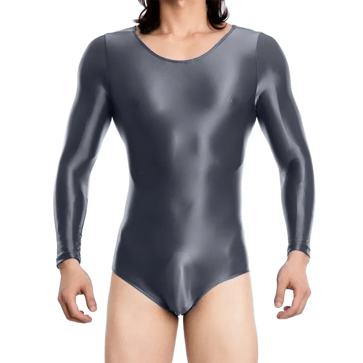 Men's Solid Gym Fitness Sport Leotard Long Sleeve Bodysuit Oil Shiny Smooth Jumpsuit Tight Swimsuit One-pieces Wrestling Singlet