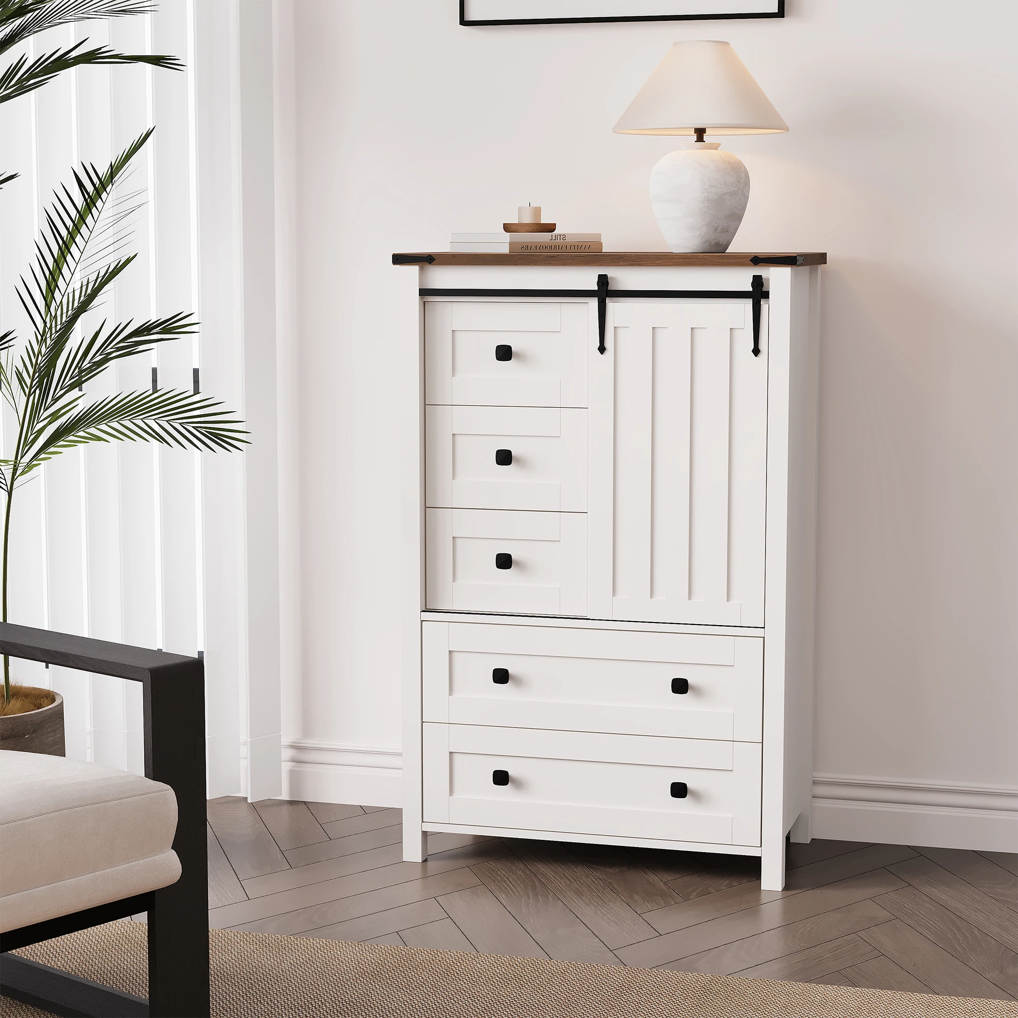 Dresser, 5 Drawers Dresser for Bedroom with Sliding Barn Door, Adjustable Shelf, Farmhouse Tall Chest of Drawer, Storage Organizer Dresser for Hallway, Living Room