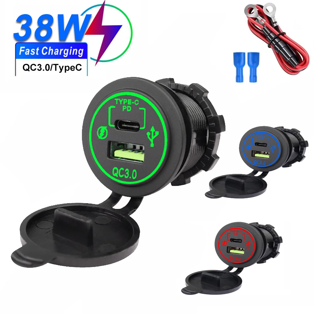 Pengisi Daya Mobil USB PD Tipe C 38W QC 3.0, Adaptor Pengisi Daya Ponsel Tahan Air 12V-24V untuk Mobil, Kapal, RV, Truk