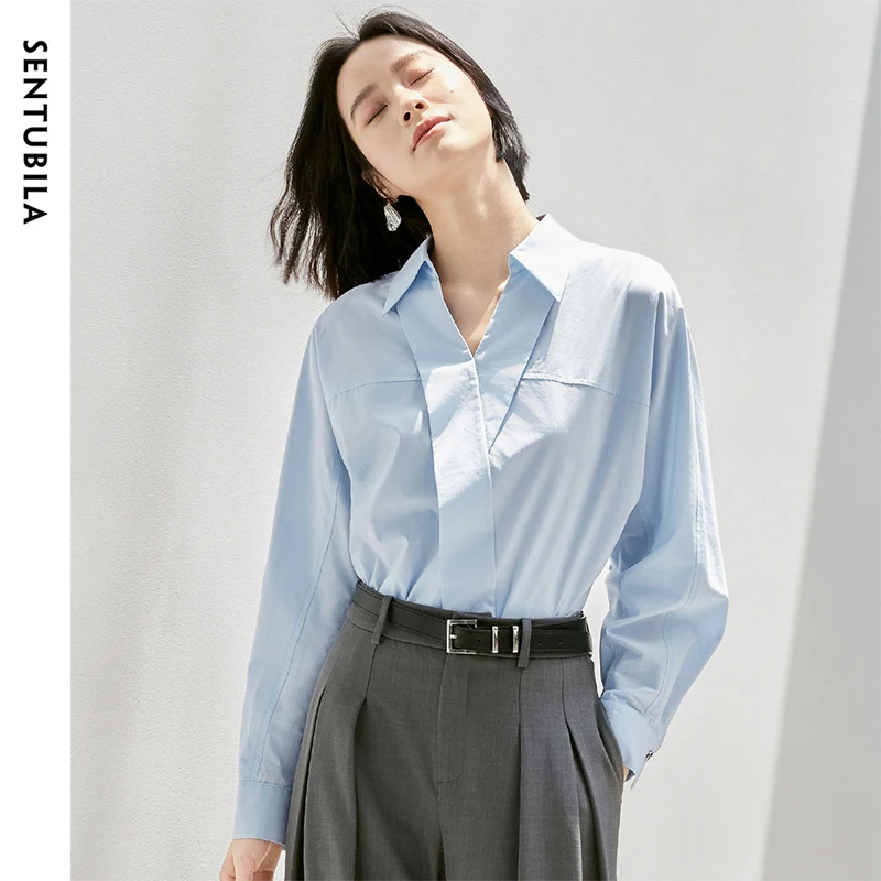 SENTUBILA Office Lady Shirts & Blouses Women 2024 Autumn Fall Loose Fit Cotton Lyocell Blend Long Sleeve Tops Woman 143C55791