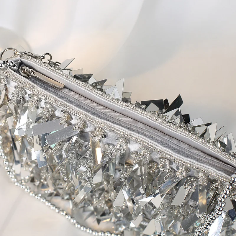 Vintage Silver Hand Beading Sequined Bags Evening Party Clutch Purse Versatile Handbags with Beaded Handle Chain Shoulder Bags