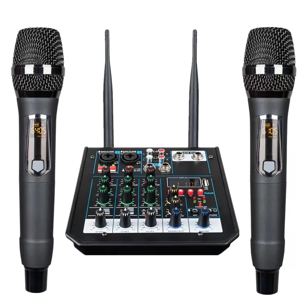 

USB 4 Channel Audio Mixer with Wireless Microphone Studio Sound Mixers with Bluetooth REC DJ Console Mixing for Karaoke PC Show