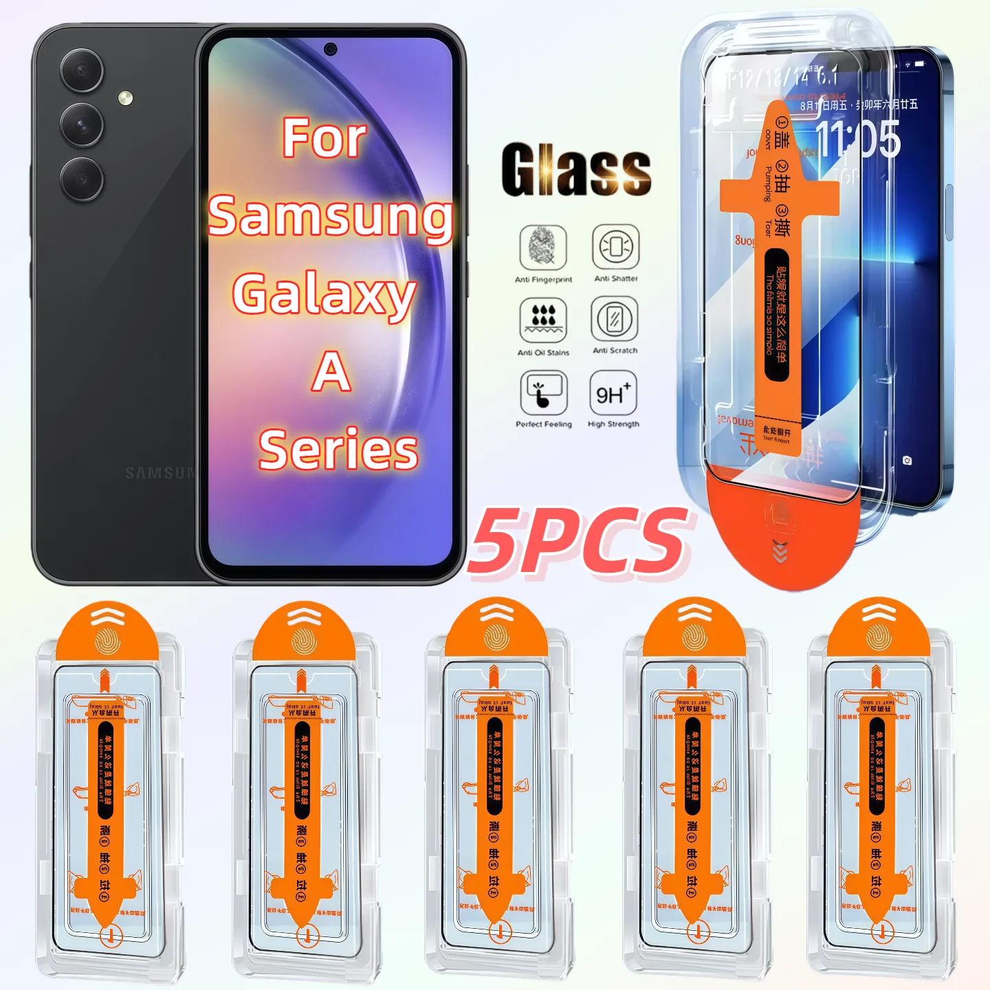

5PCS HD Tempered Glass Film for Galaxy a Series A25 A15 A35 A34 A53 A54 A55 A56 A51 A52 A36 A06 A73 A72 5G Set of 4