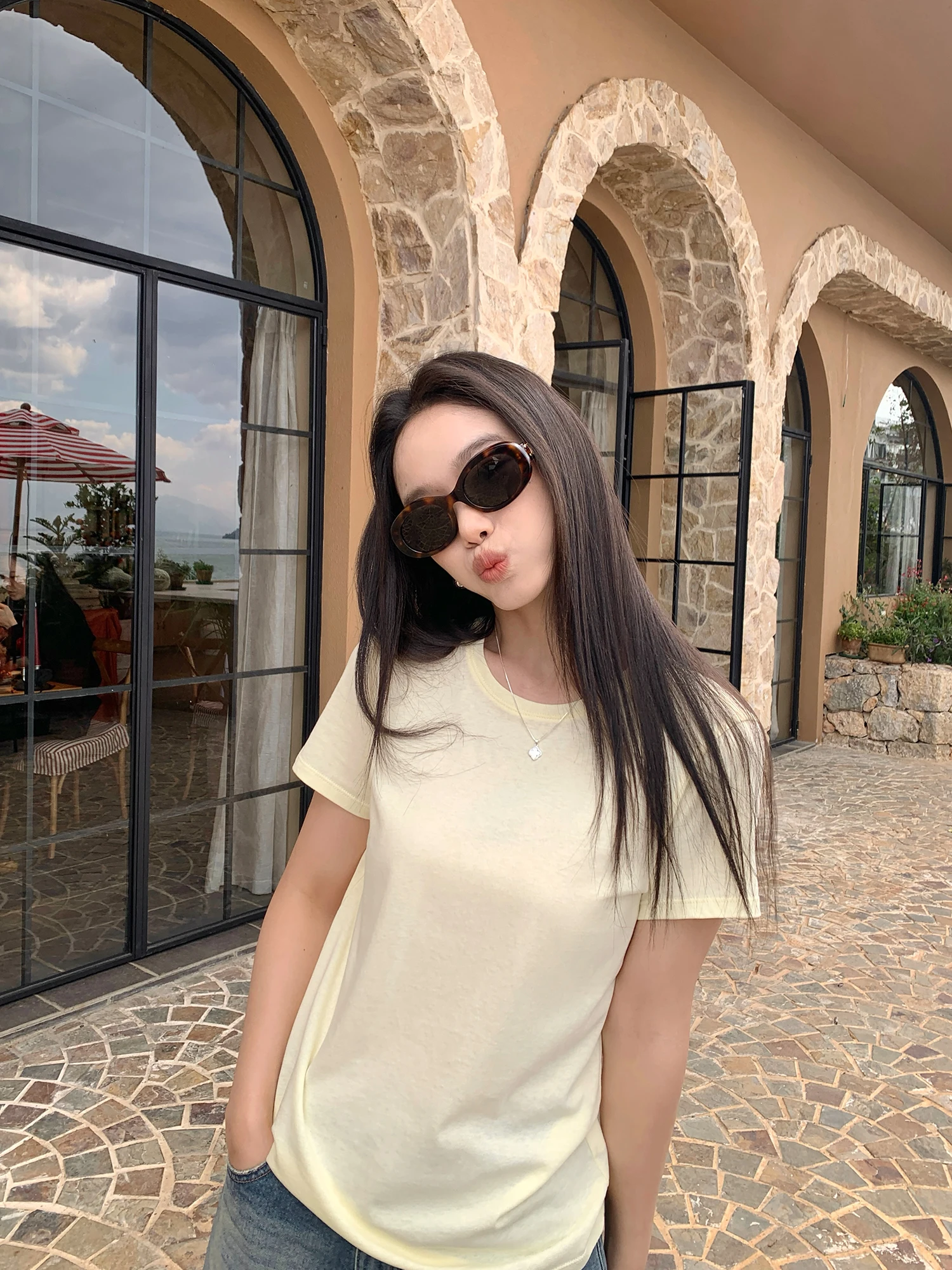 Pusumede Lightweight Short Sleeve T-Shirt round Neck V-Neck Basic Style Women's Commute Versatile Shoulder Level Top