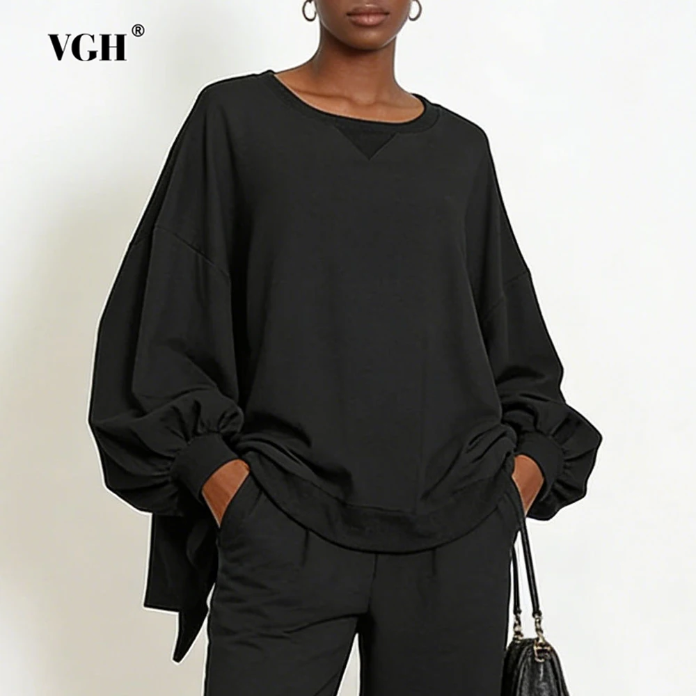 

VGH повседневные однотонные свободные толстовки нестандартной формы для женщин с круглым вырезом и длинными рукавами, весенний дизайн, пальто для поездок на работу, женская мода