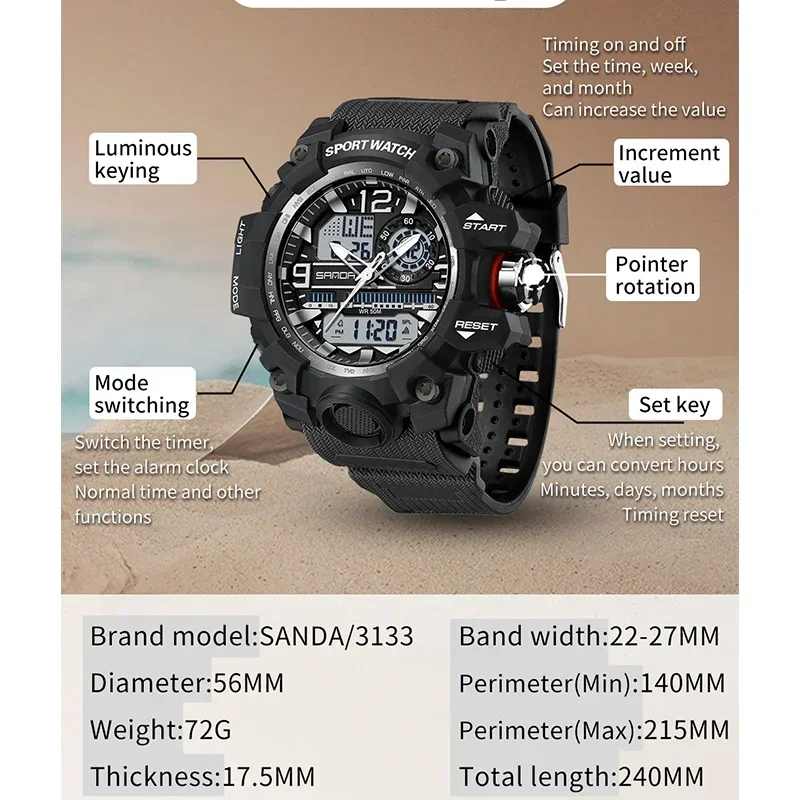 SANDA G 스타일 남성용 시계 더블 디스플레이 LED 아날로그 디지털 전자 손목 시계 방수 스포츠 크로노 그래프 쿼츠 시계