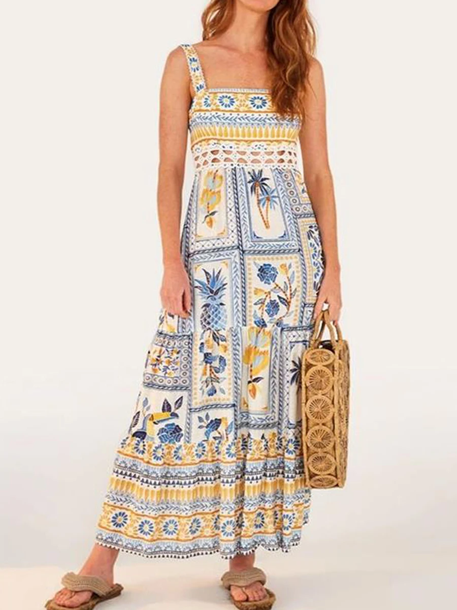 Donna s Summer Boho Spaghetti Strap Square Neck Farm Rio Dress Casual Flowy Graffiti abito lungo Beach Swing Party Maxi Dress