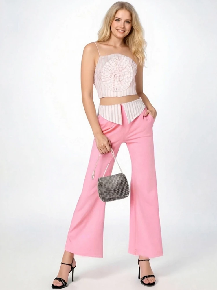 

2 Pieces Women's Sets 2025 Summer Autumn Suit Spaghetti Strap Tops And Wide Leg Pants Suits Two Piece Set Tracksuit Outfit