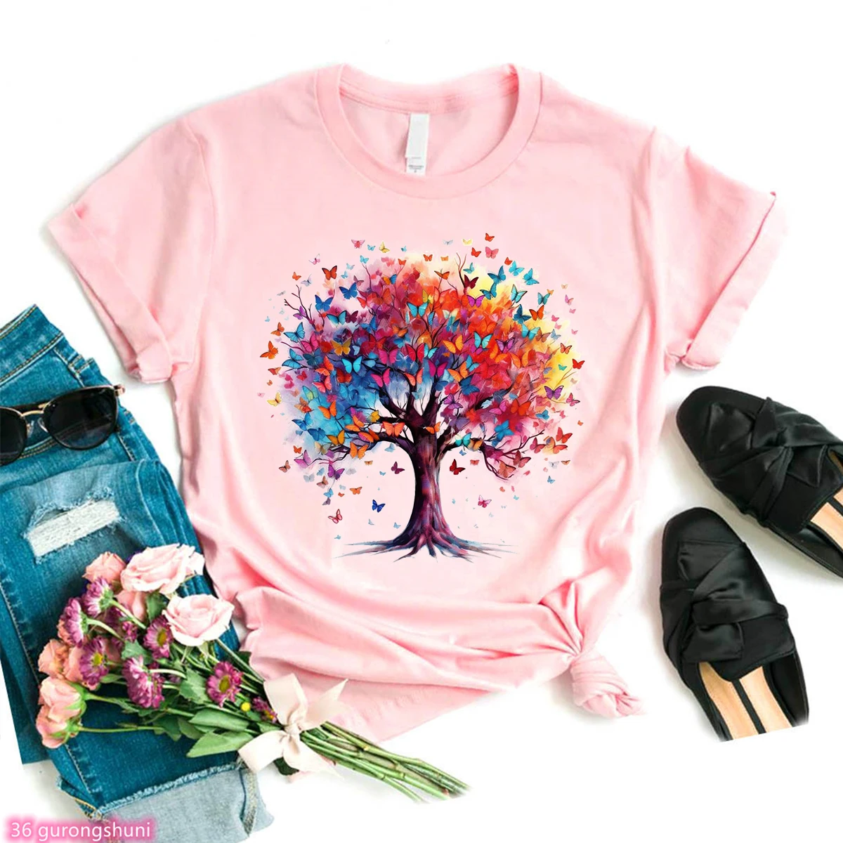 Watercolor Tree Of Life Shirt,  Fashion Women Tshirt ,Family Reunion Shirt,summer Femme Tshirt Pink Short Sleeve Tops Wholesale